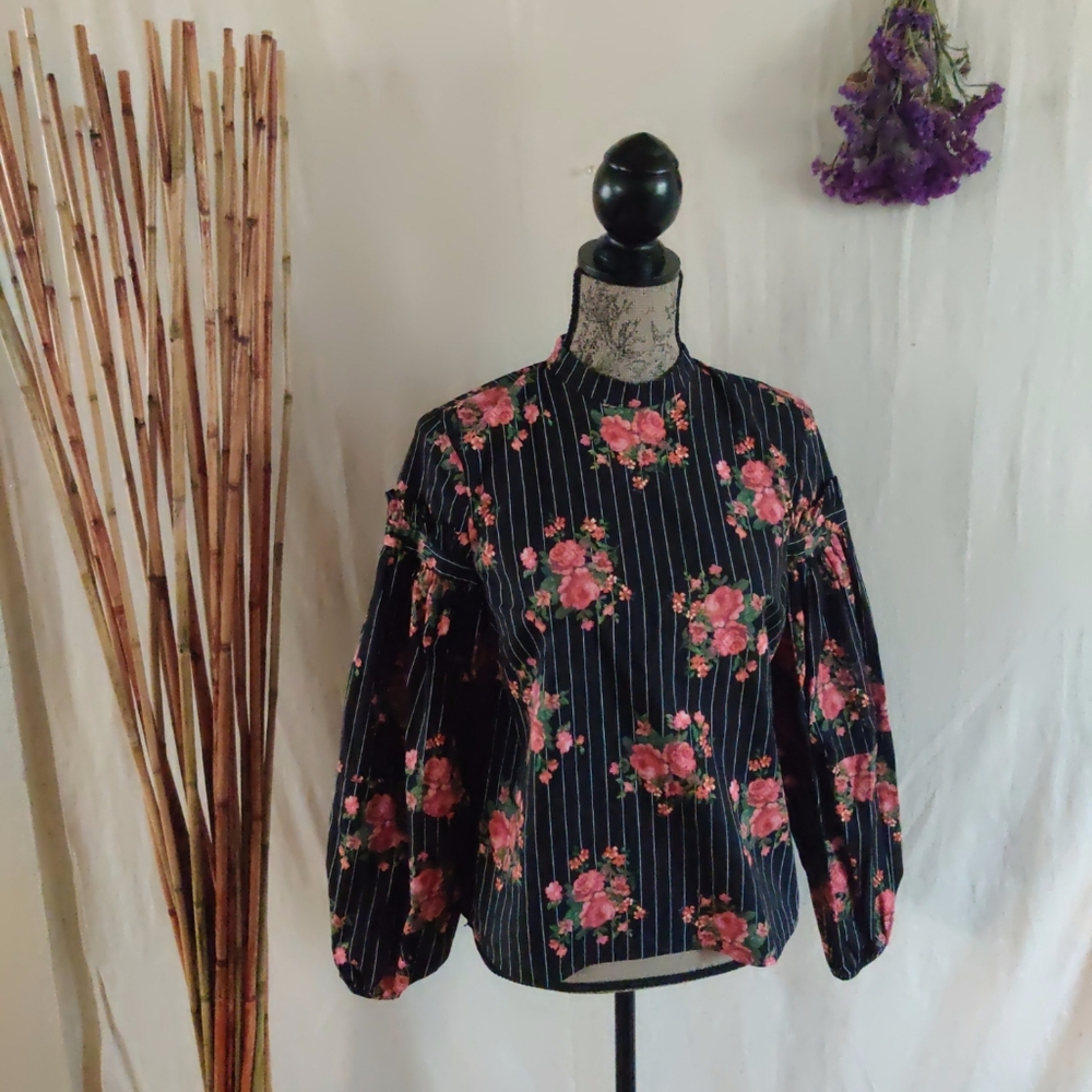 H&M Women's Black Multicolor Balloon Sleeved Floral Striped High Neck Blouse 8